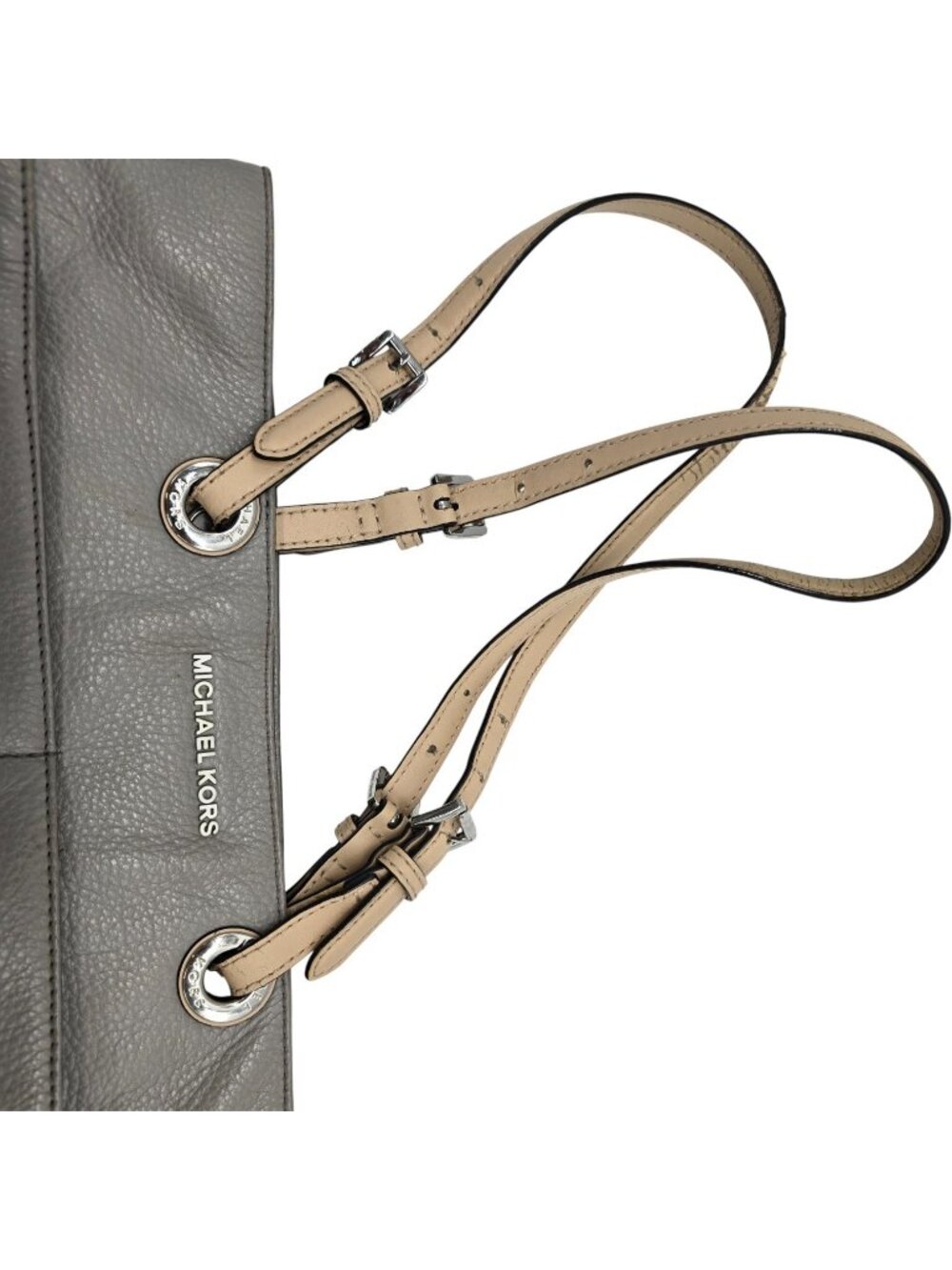 Michael Kors Pebbled Leather Shoulder Tote Bag Gray Taupe Silver Hardware Purse - Picture 4 of 16